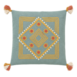 BLUE WITH YELLO EMBROIDERY AND TASSELS SQUARE CUSHION