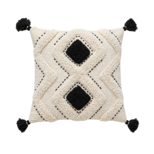 WHITE AND BLACK SQUARE CUSHION WITH BLACK TASSELS
