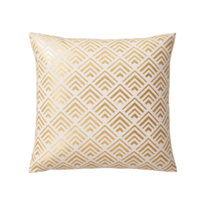 ALMOFADA QUADRADA FUNDO BRANCO E PADRÃO GEOMÉTRICO DOURADO