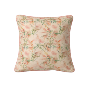 ALMOFADA QUADRADA PADRÃO FLORAL VERDE FUNDO BEGE COM DEBRUM ROSA