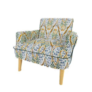 OFF-WHITE GREEN, BLUE AND YELLOW IKAT ARMCHAIR WITH WOODEN LEGS