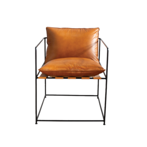 BLACK IRON ARMCHAIR WITH LEATHER CUSHION