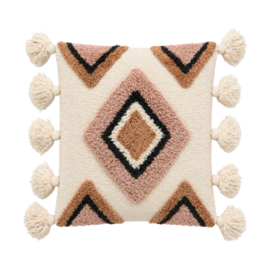 WHITE AND GEOMETRIC PATTERN SQUARE CUSHION WITH TASSELS