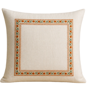WHITE SQUARE CUSHION WITH EMBROIDERED FLOWER BORDER