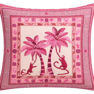 ALMOFADA QUADRADA ROSA TROPICAL COM MACACOS