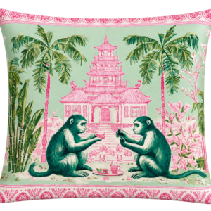 ALMOFADA QUADRADA ROSA COM MACACOS VERDES