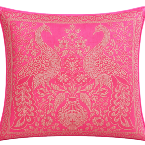 PINK SQUARE CUSHION WITH GOLDEN EMBROIDERED PEACOCKS