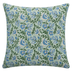 GREEN FLORAL SQUARE CUSHION WITH BLUE FLOWERS