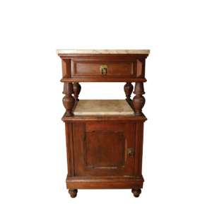 MESA DE CABECEIRA ANTIGA DE MADEIRA COM TAMPO DE MÁRMORE