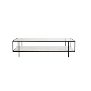 MESA DE CENTRO COM TAMPO DE VIDRO E MÁRMORE